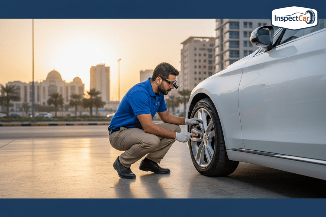 فاحص ⁦InspectCar⁩ يفحص إطار سيارة بيضاء وجنطها في موقع العميل بالشارقة