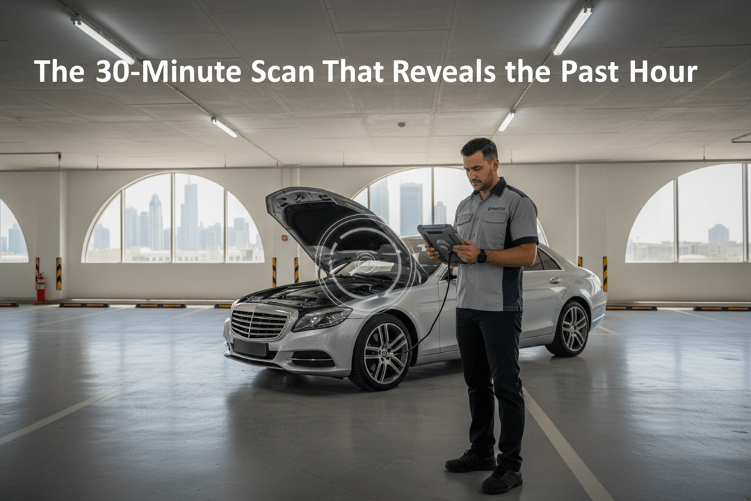 InspectCar inspector running an OBD diagnostic scan on a vehicle in the Deira City Centre parking garage, Dubai