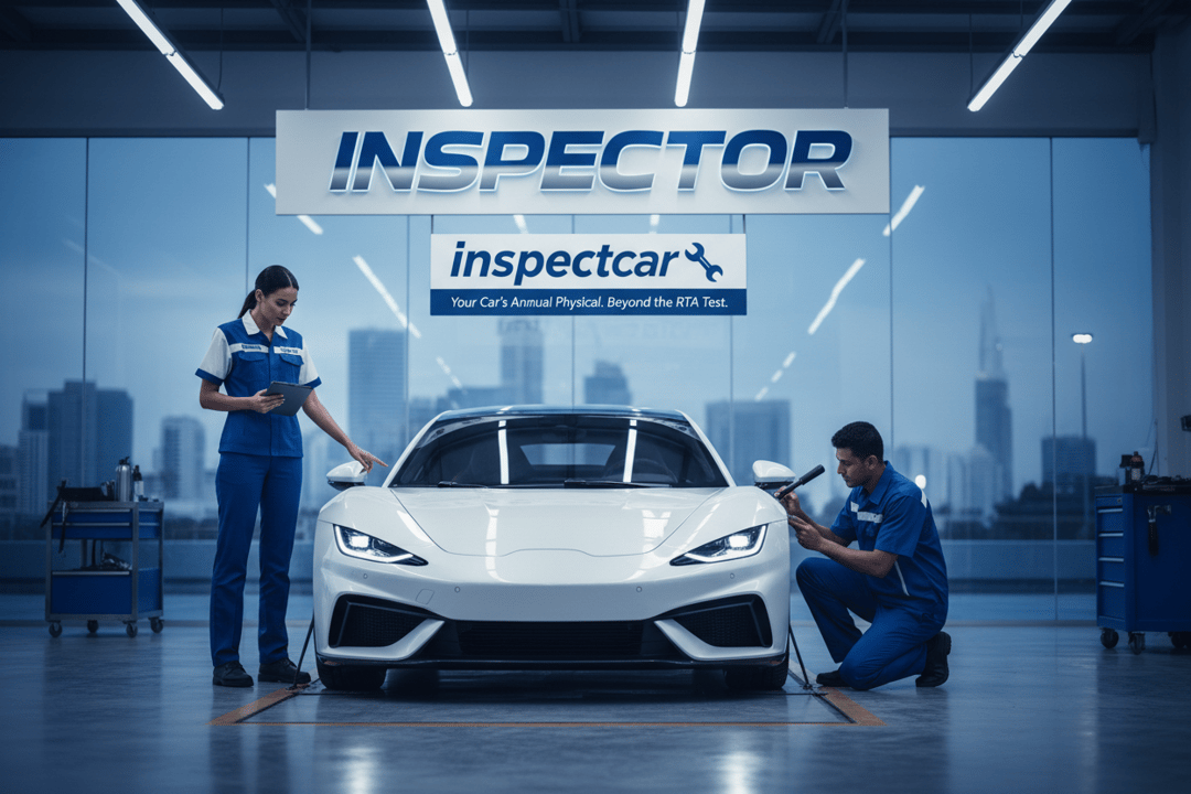 InspectCar inspectors performing an annual vehicle inspection on a sports car in a fully-equipped Dubai inspection facility