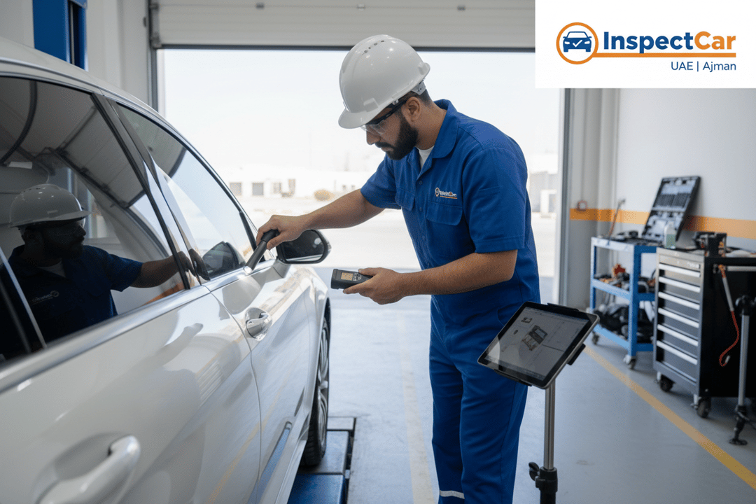 InspectCar inspector measuring vehicle paint thickness with a digital gauge at an Ajman inspection workshop