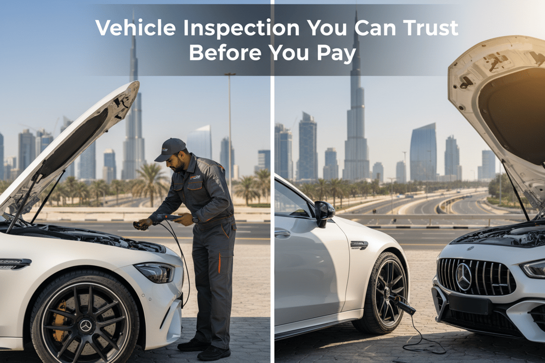 InspectCar inspector conducting a pre-purchase check on two luxury Mercedes vehicles in Dubai with Burj Khalifa in the background