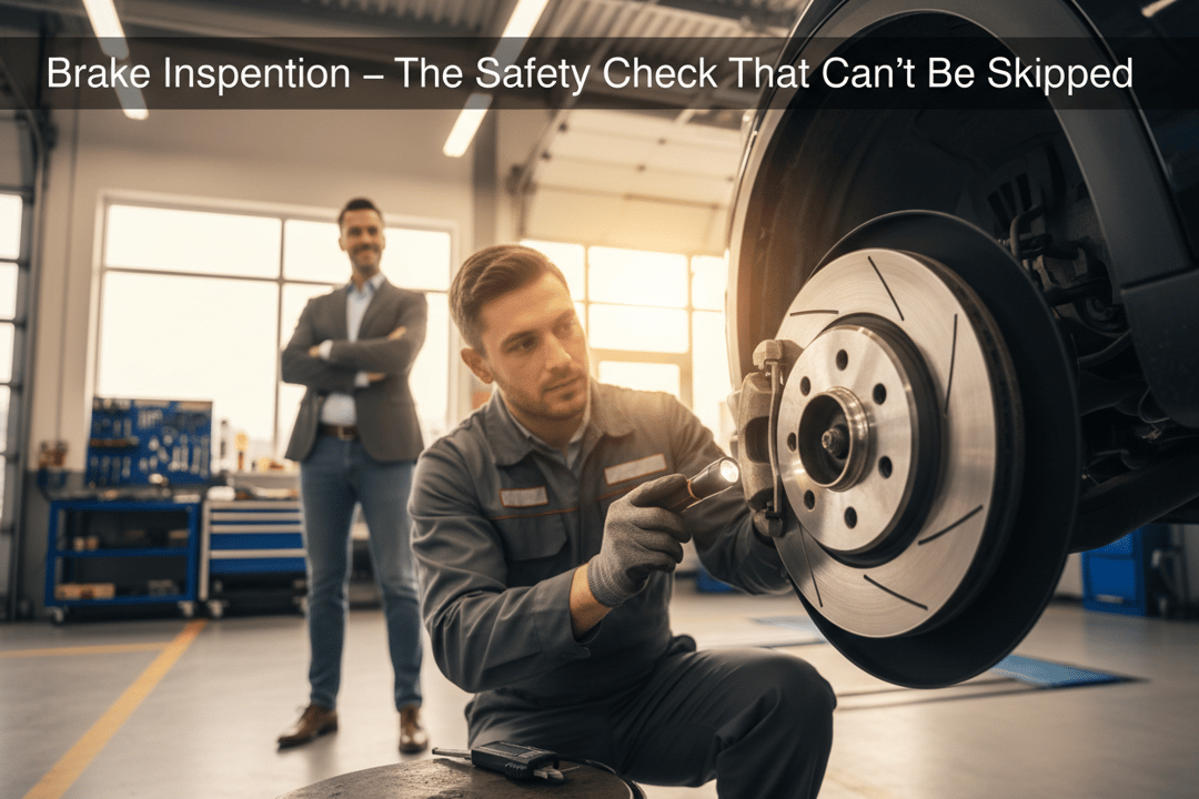 InspectCar inspector examining brake rotors and pads with a flashlight in a fully-equipped inspection workshop