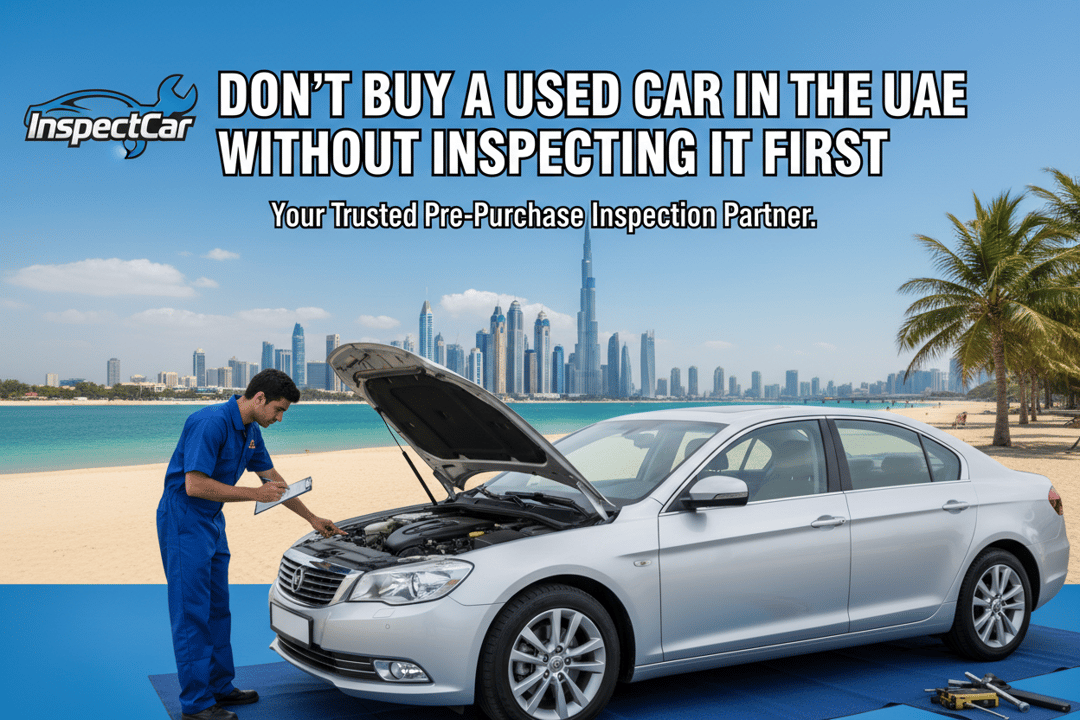 InspectCar inspector evaluating a used car at Jumeirah Beach in Dubai with the city skyline and Burj Khalifa