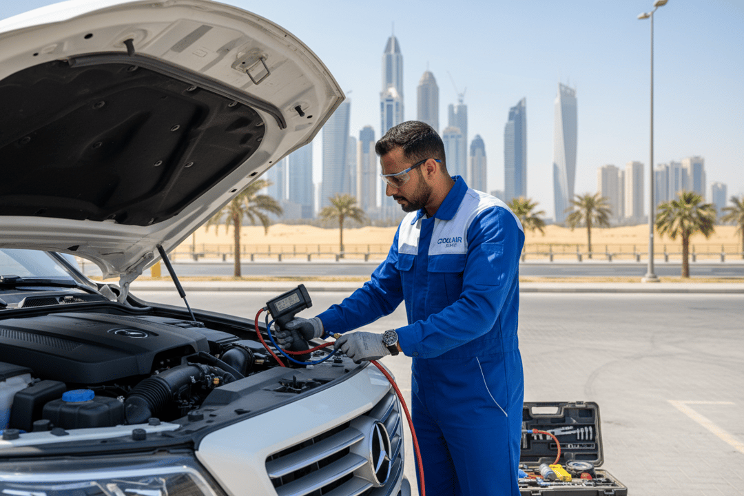 InspectCar inspector running a vehicle AC system check with professional pressure gauges in downtown Dubai