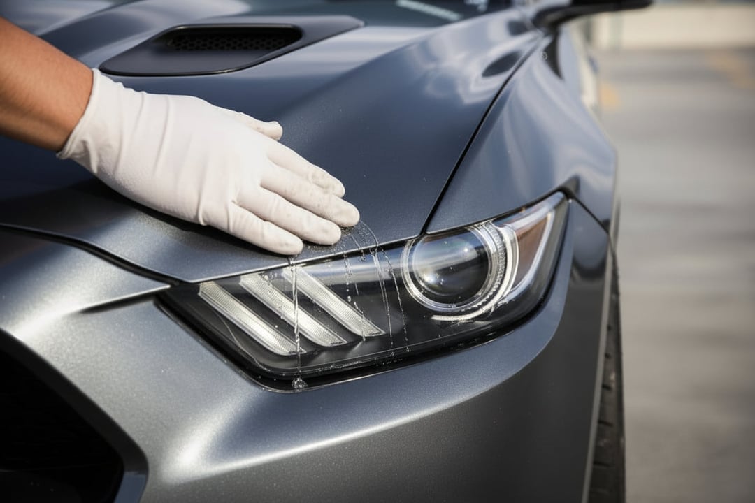 Close-up of a vehicle front bumper undergoing pre-purchase inspection by an experienced InspectCar technician in the UAE