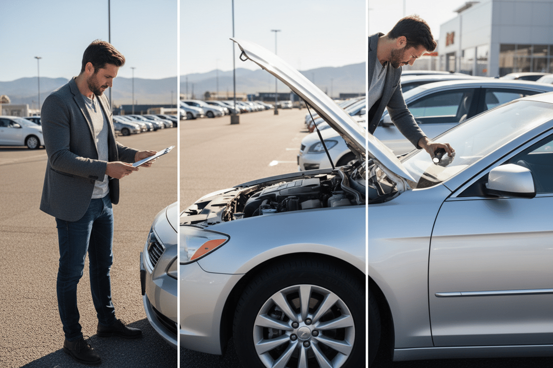 Pre-purchase inspection stages: paperwork review, engine bay check, and windshield inspection at a UAE car dealership