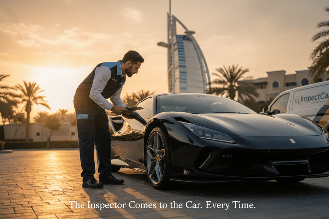 InspectCar inspector evaluating a luxury sports car at the customer location with Burj Al Arab in the background, Dubai