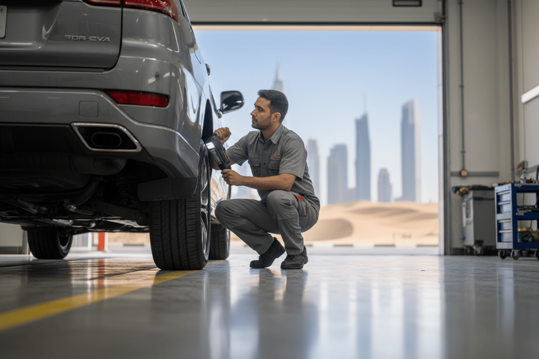 InspectCar inspector checking chassis frame and structural pillars on a used car in the UAE
