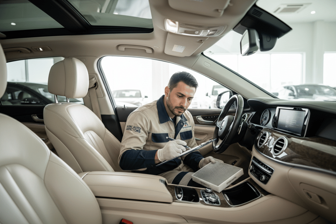 InspectCar inspector checking dashboard, seats, and cabin filter on a used car interior in Dubai