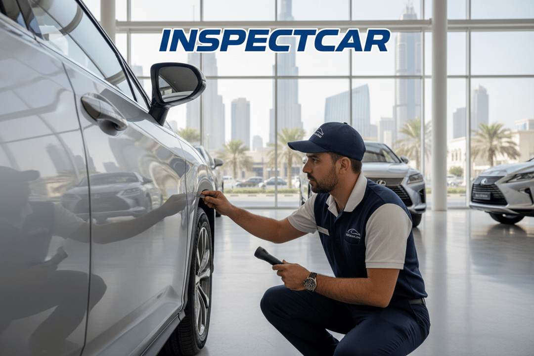 InspectCar inspector checking door alignment and rubber seal on a used car in Dubai