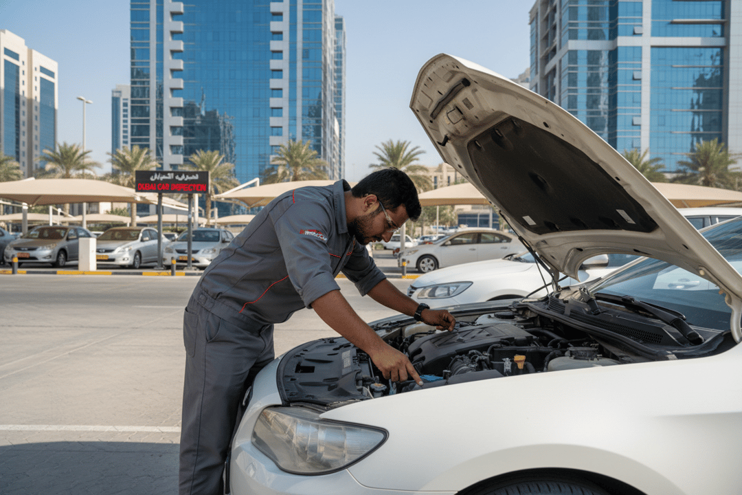 InspectCar inspector checking engine oil dipstick and coolant level on a used car in Dubai