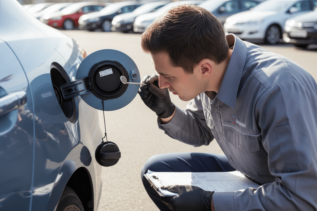 InspectCar inspector checking fuel cap seal and listening to fuel pump priming on a used car at the rear filler