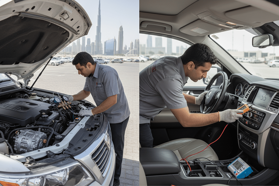 InspectCar inspector measuring AC vent temperature and checking compressor on a used car in Dubai