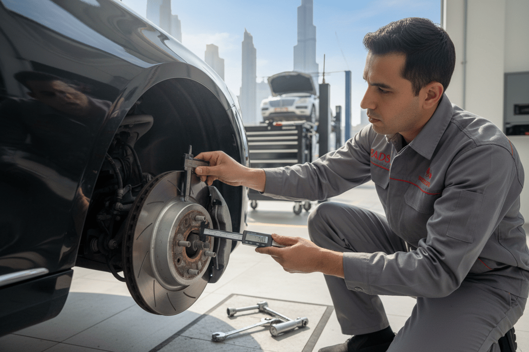InspectCar inspector checking CV joints, axle seals, and transfer case under a used 4WD in Dubai
