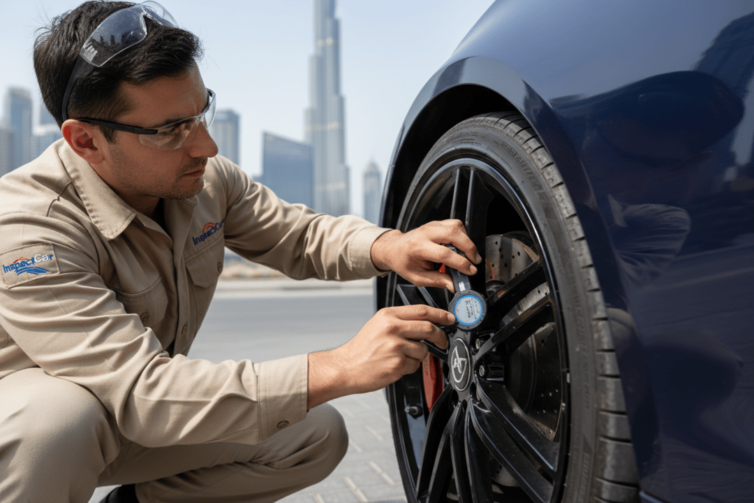 InspectCar inspector measuring brake pad thickness and rotor condition on a used car in Dubai