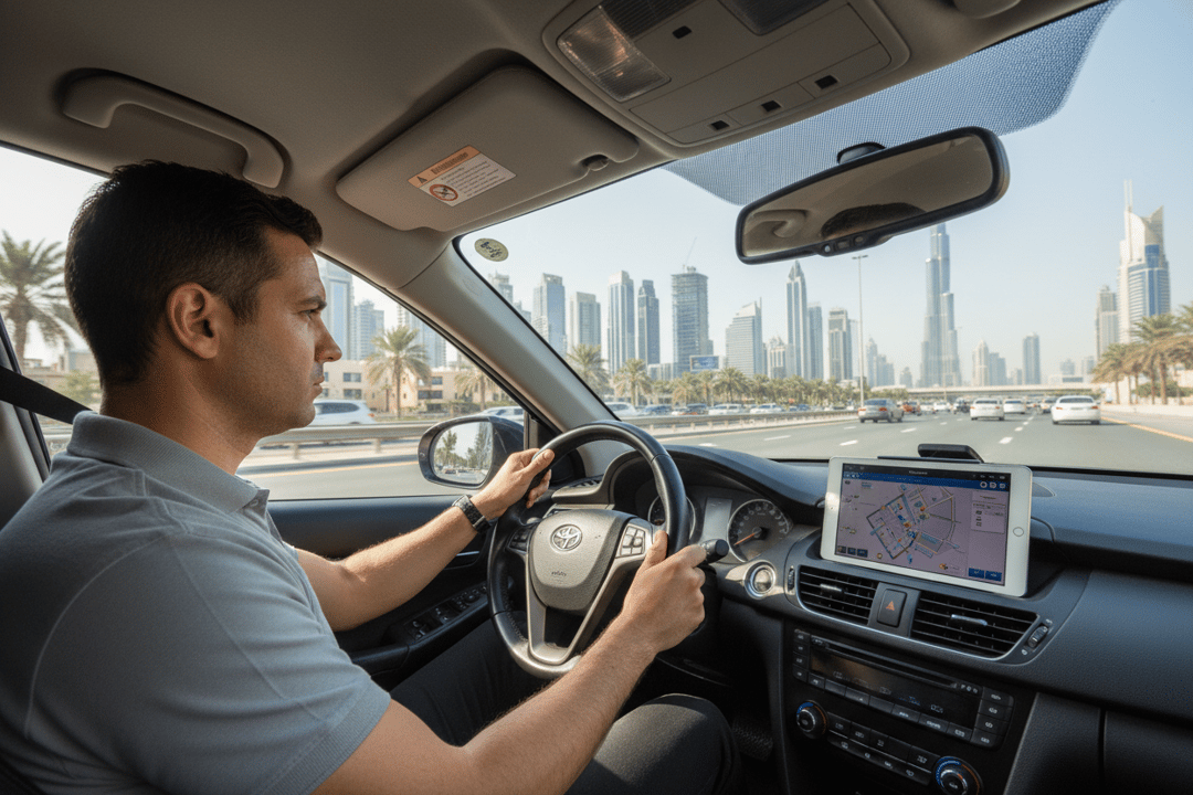 InspectCar inspector performing a planned road test on Sheikh Zayed Road in a used car