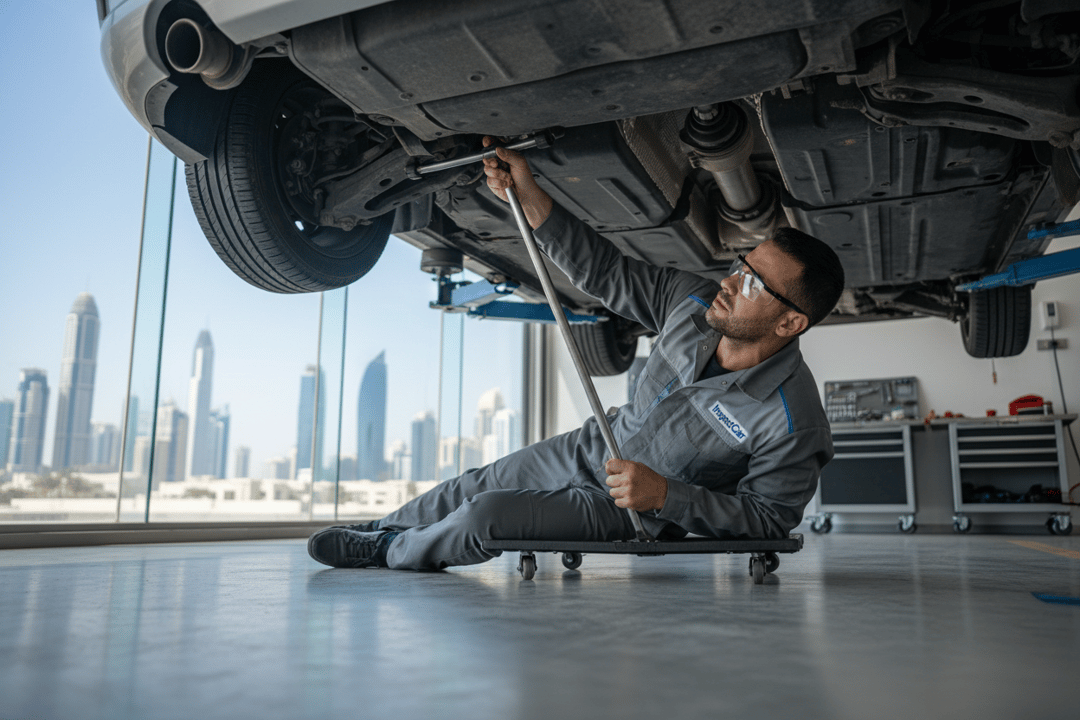 InspectCar inspector pry-testing a control arm and ball joint under a used car in Dubai