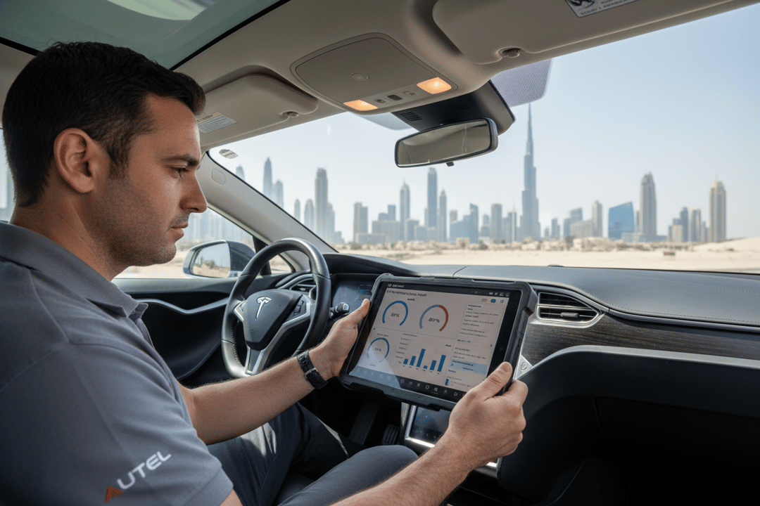 InspectCar inspector reading EV battery State of Health on Autel MaxiSys MS909 in a used Tesla in Dubai