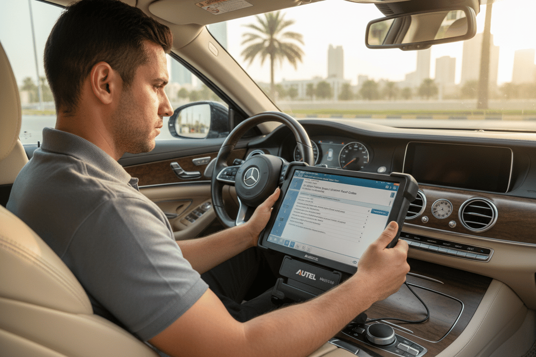InspectCar inspector reading SRS airbag codes on an Autel MaxiSys MS909 scanner in a used car in Dubai