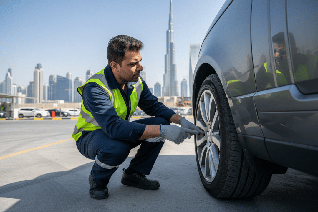 InspectCar inspector reading the DOT manufacture date on a used-car tire in Dubai