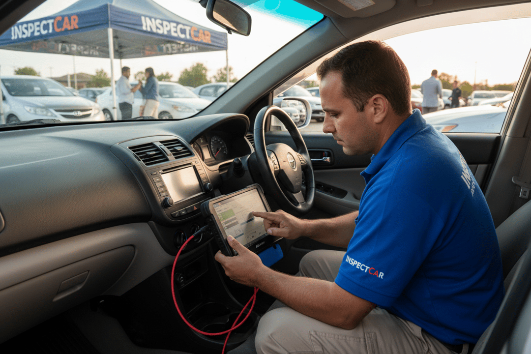InspectCar inspector running an Autel MaxiSys MS909 OBD scan on a used car at the dashboard diagnostic port