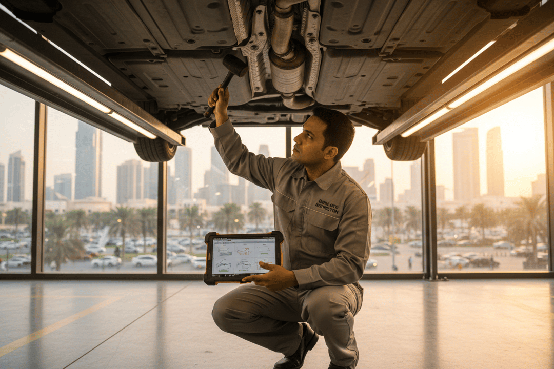InspectCar inspector tapping a catalytic converter and reading O2 sensor data on a used car in Dubai
