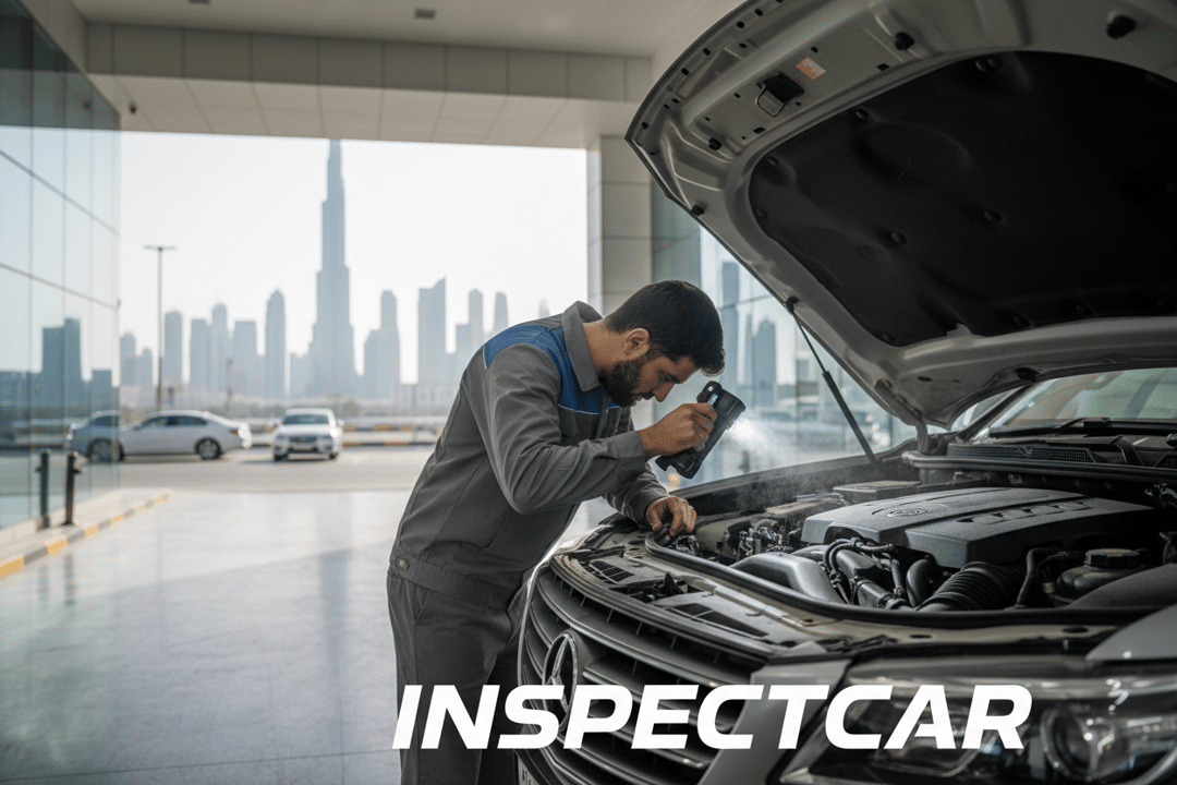InspectCar inspector checking engine bay during cold-start inspection on a used car in Dubai