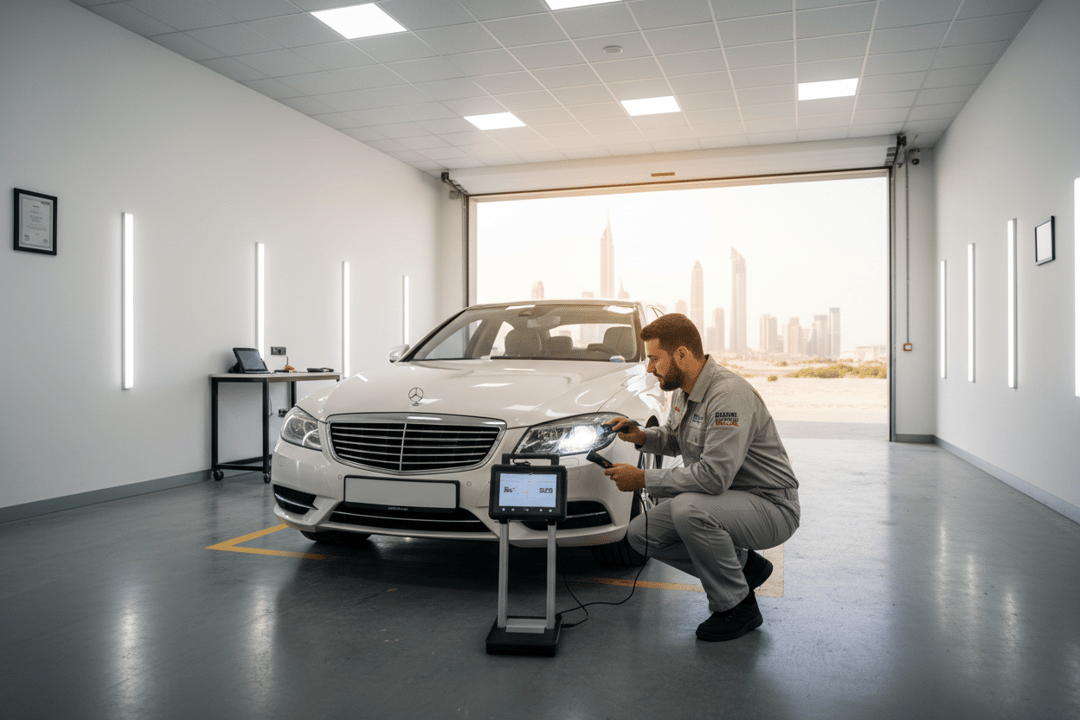 InspectCar inspector checking headlight beam alignment and lens condition on a used car in Dubai