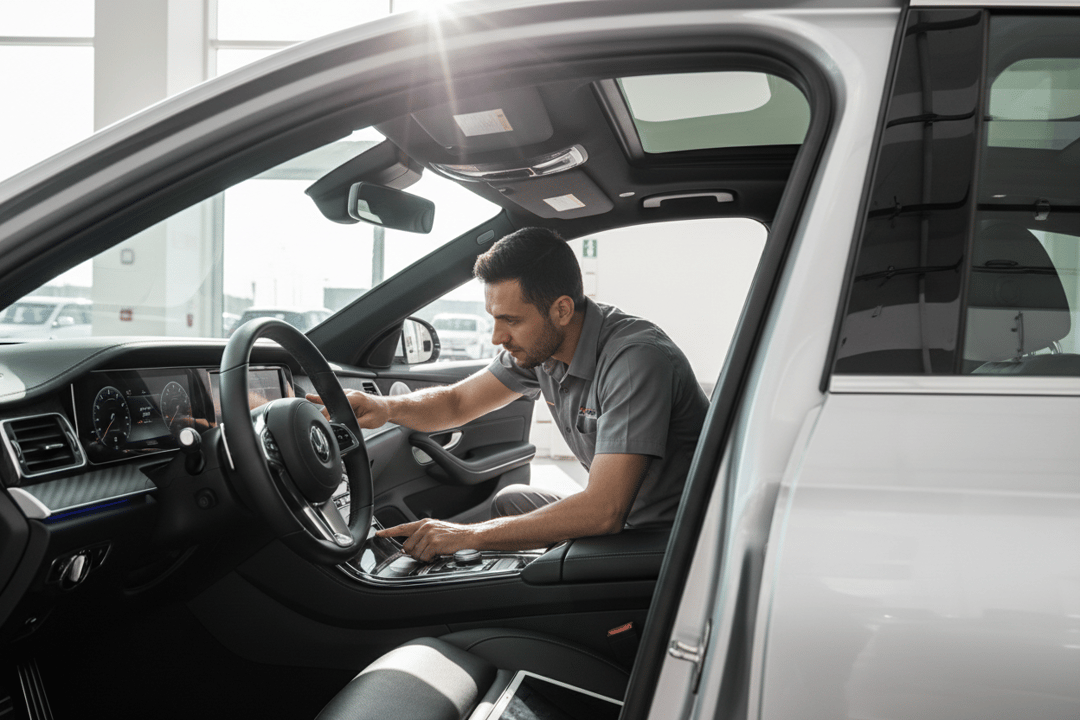 InspectCar inspector cycling power windows, locks, and sunroof on a used car in Dubai