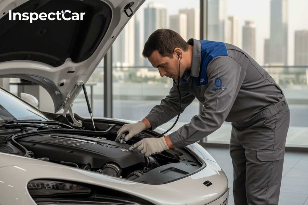 InspectCar inspector listening with stethoscope to a running engine and checking oil seals on a used car in Dubai
