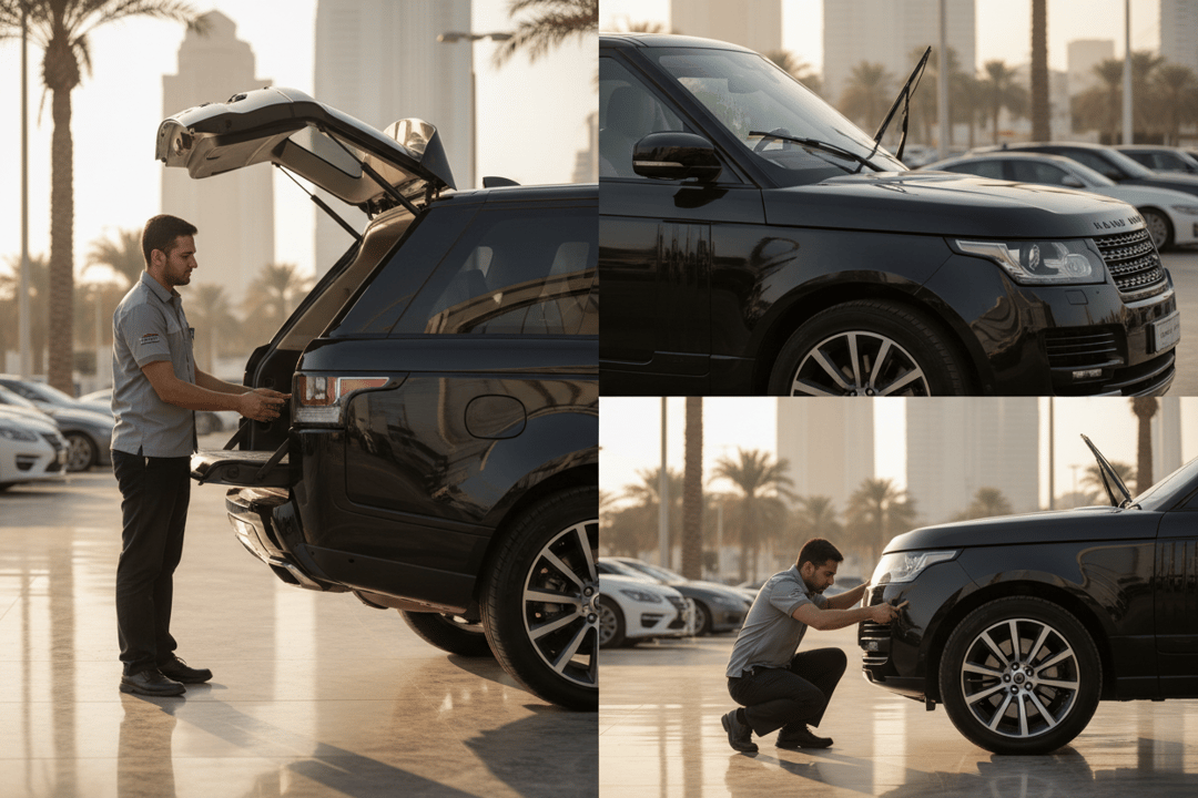 InspectCar inspector testing power tailgate, wipers, and running boards on a used SUV in Dubai