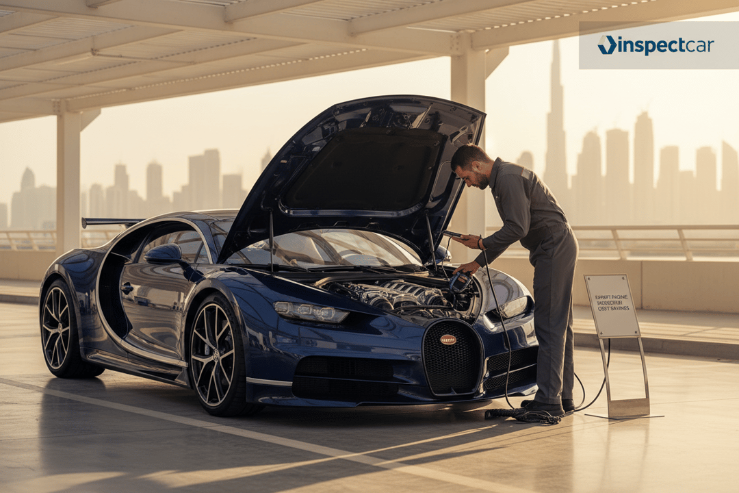 فاحص ⁦InspectCar⁩ يفحص محرك سيارة بوغاتي شيرون فاخرة في موقف بدبي مع أفق المدينة