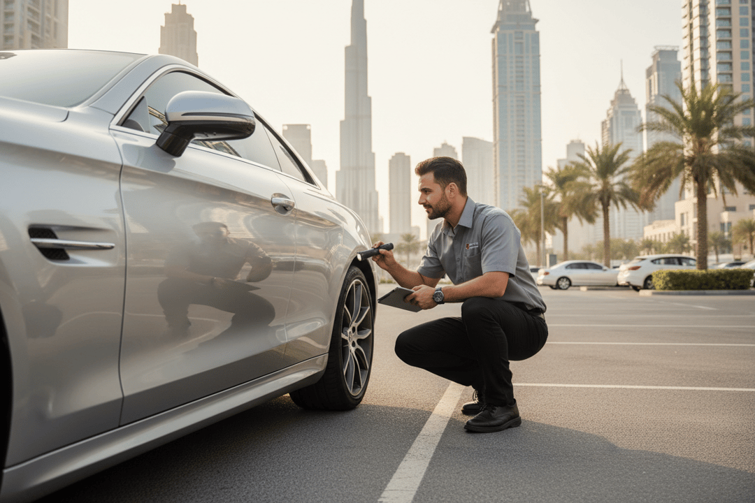 InspectCar inspector checking the suspension and wheel of a silver car in downtown Dubai with Burj Khalifa in the background
