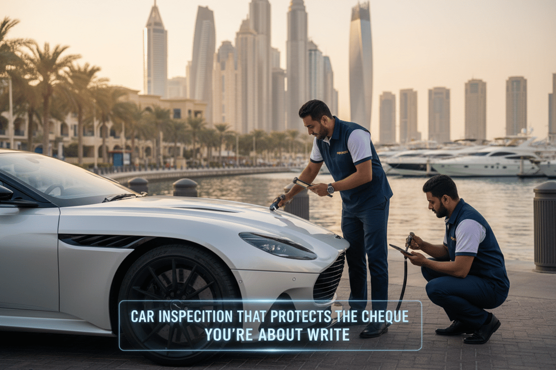 InspectCar inspector evaluating a customer vehicle in Dubai Marina with the iconic high-rise skyline