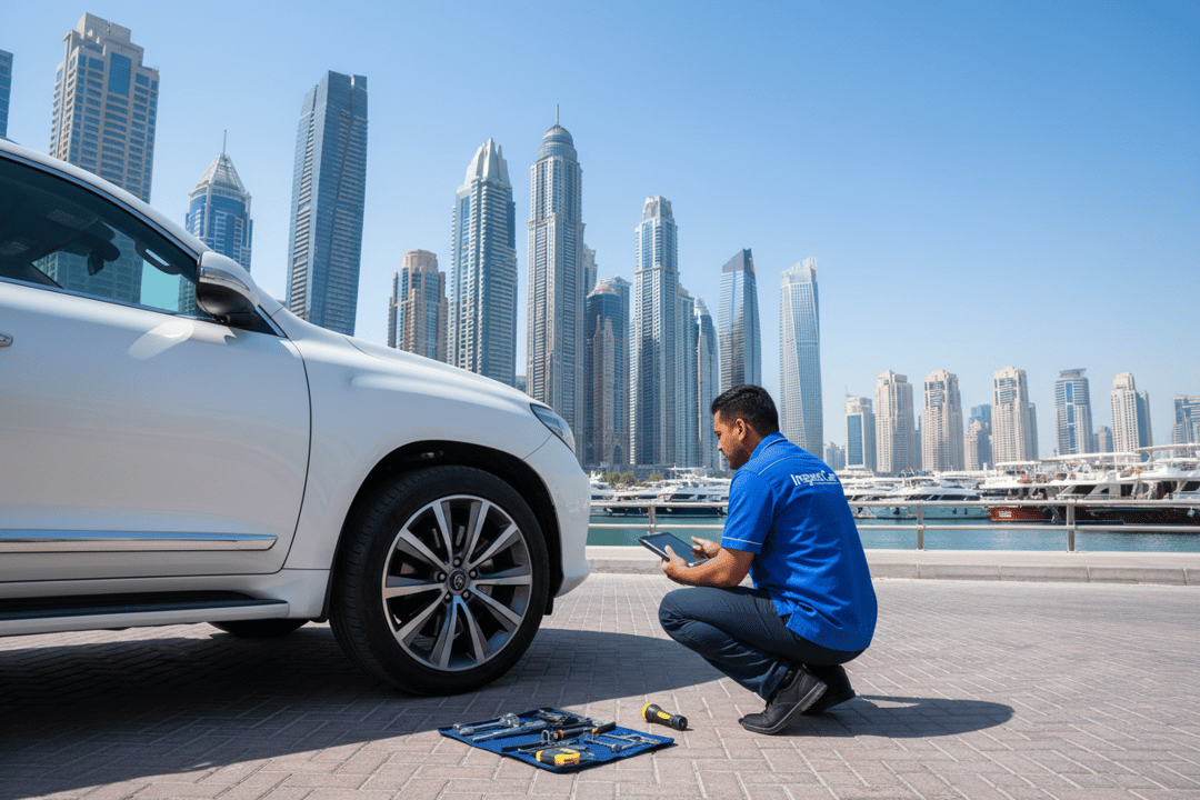 فاحص ⁦InspectCar⁩ يجري فحص السيارة في موقع العميل بدبي مارينا