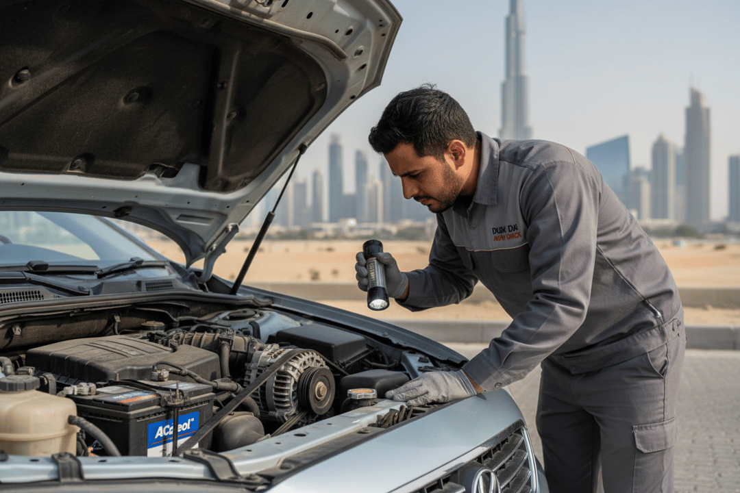 InspectCar inspector checking belts, battery, and alternator under the bonnet of a used car in Dubai