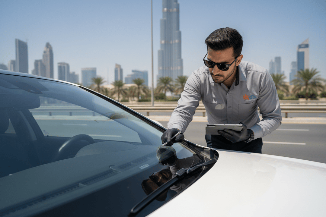 InspectCar inspector checking windshield manufacturer code and chips on a used car in Dubai