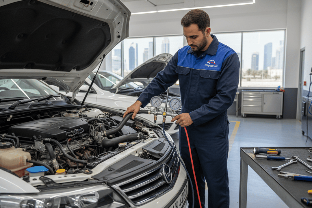 InspectCar inspector pressure-testing the cooling system and inspecting radiator hoses on a used car in Dubai